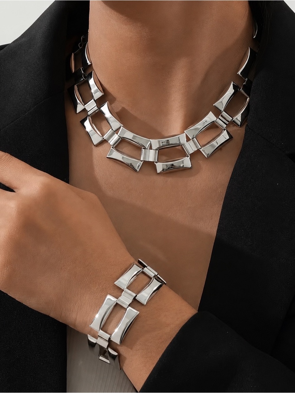 Zara Polished Silver Geometric Link Necklace & Bracelet Set
